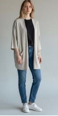 NWT DONNI. Ribbed Open Front Cardigan Light Gray Stripe Pockets OSFA, MSRP $178
